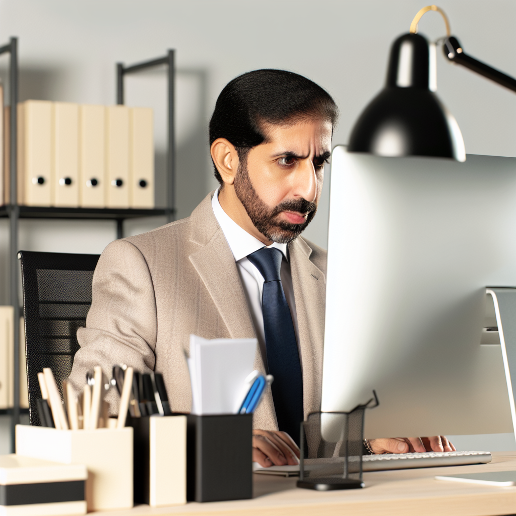 A serious looking professional working at their desk, focusing intently on their computer screen. The image conveys a sense of dedication, expertise, and professionalism.