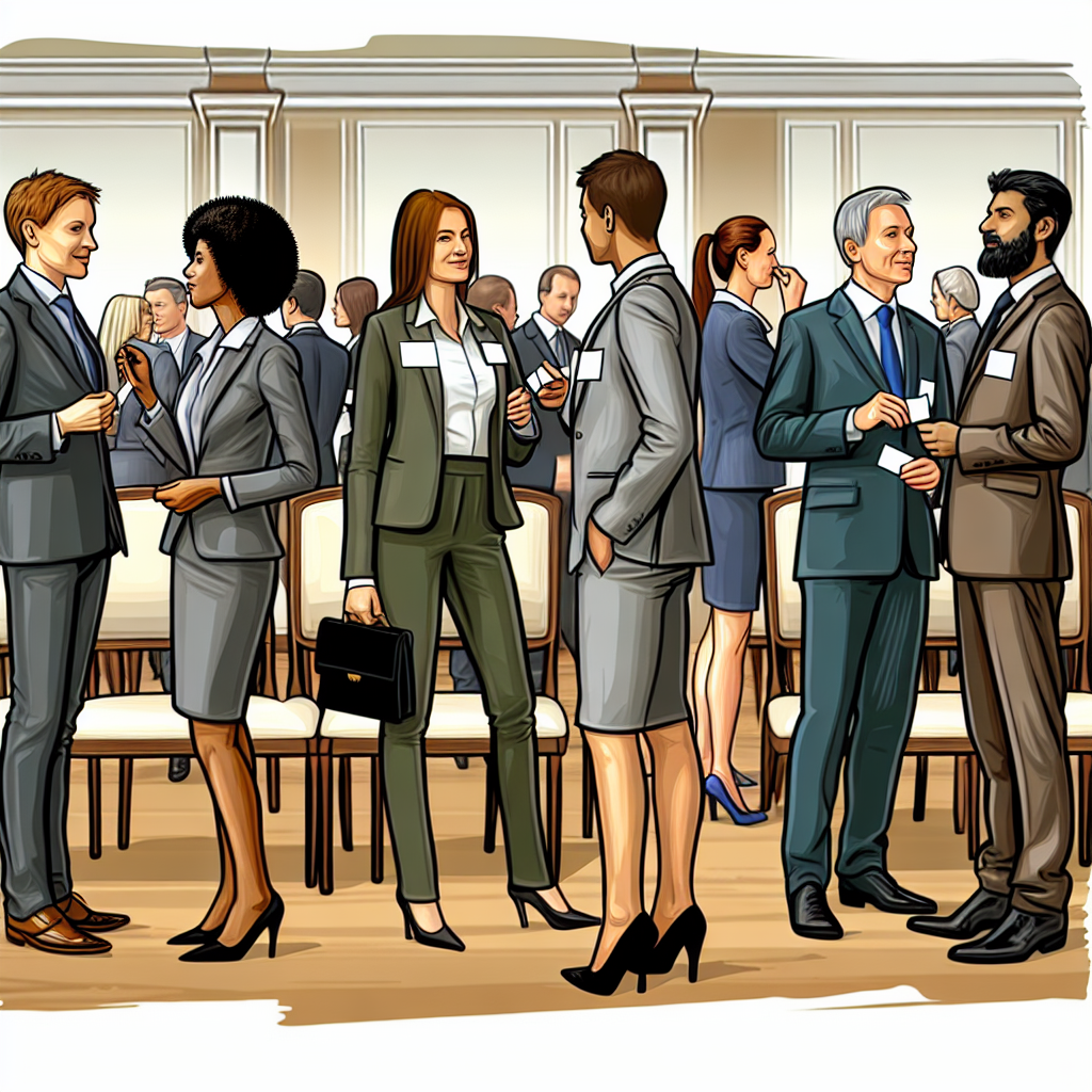 Group of well-dressed professionals networking at a business conference, shaking hands and exchanging business cards