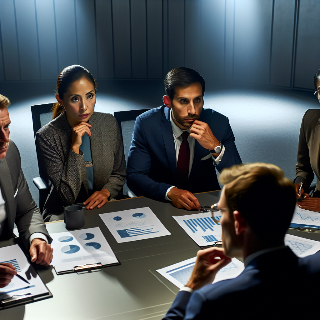 A group of business professionals in a meeting room discussing complex challenges, looking focused and determined