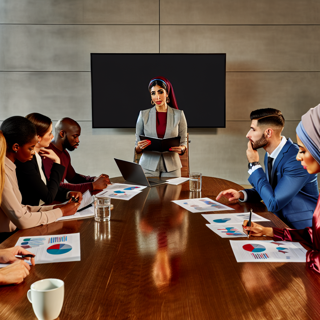 A group of professionals in a meeting room discussing communication strategies