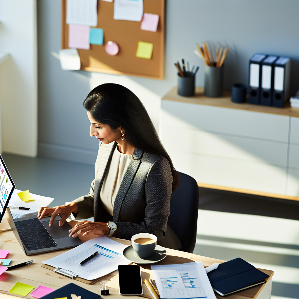 A professional working efficiently at a clean, organized desk with productivity tools