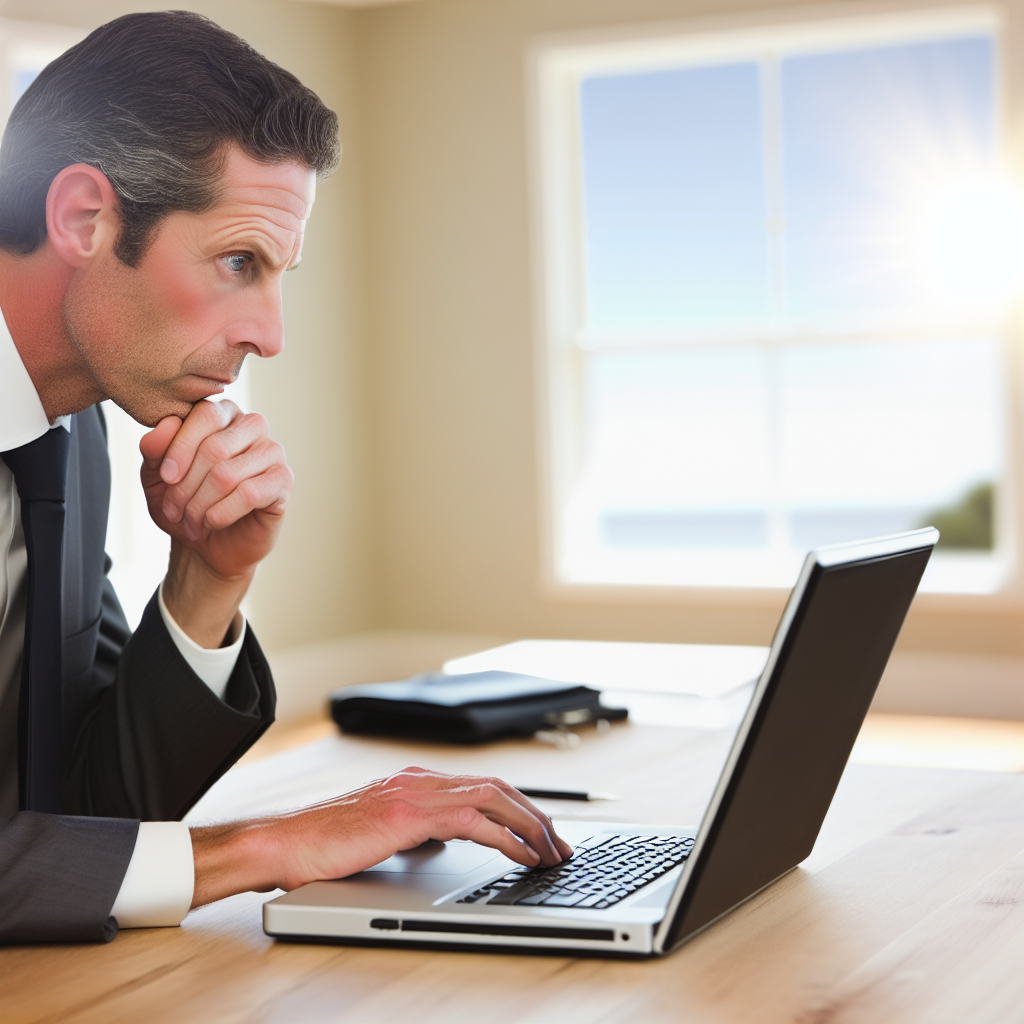 Thoughtful businessman sitting at desk, working on laptop