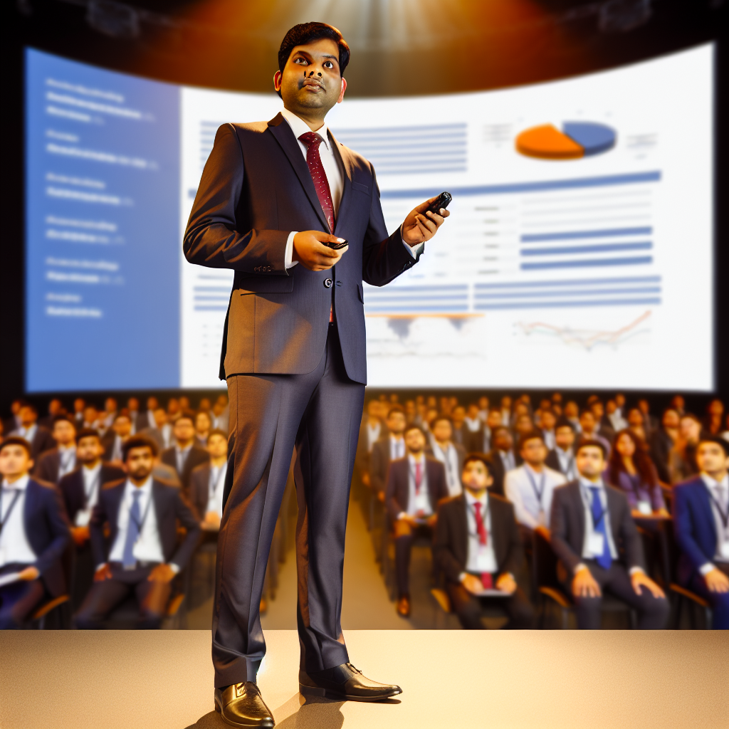 Confident speaker delivering a presentation on stage in front of a large audience